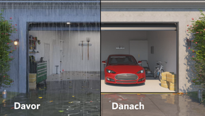Davor und danach, CGI-Bild einer 3,0cm Garagentorschwellen Abdichtung, die für eine Garage mit Auto