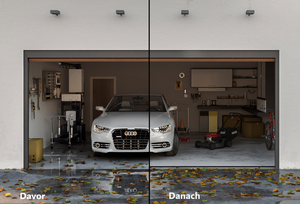 Davor und danach, das CGI Foto stellt eine Garage dar, mit und ohne einer 3.0cm konventionell abgedichteten Sprungfeder.